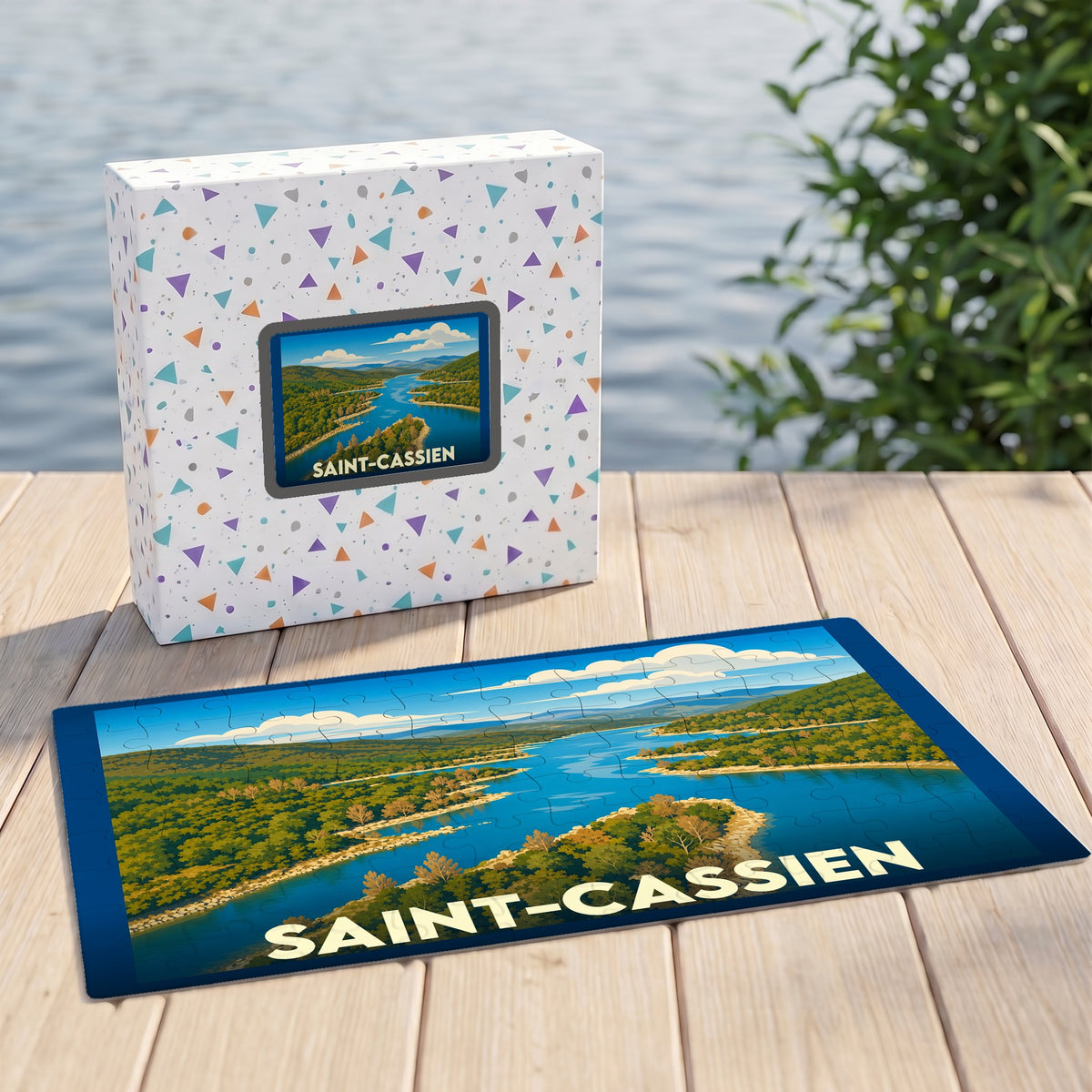 Puzzle souvenir de la ville de Saint-Cassien avec une illustration stylisée d'un lac.