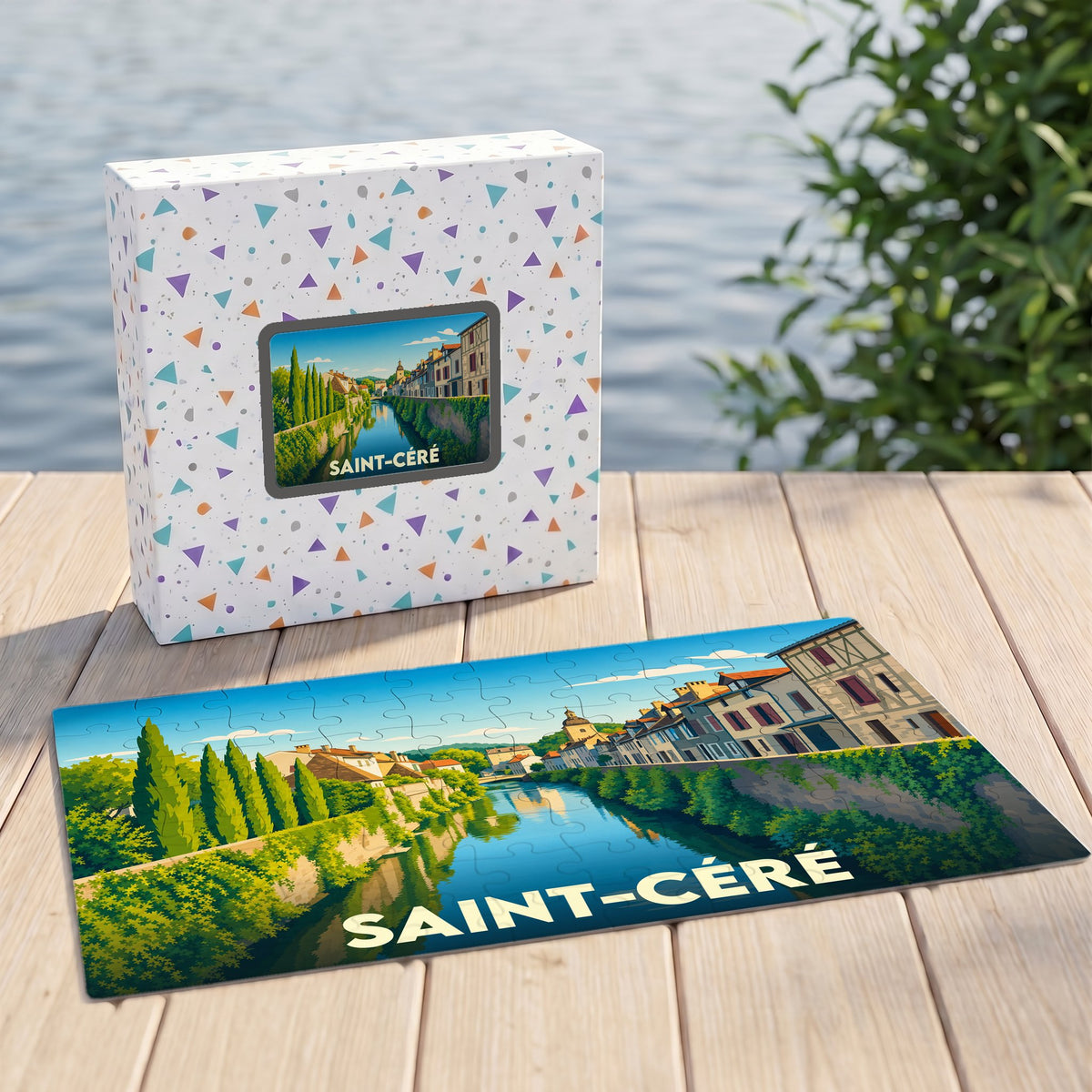 Puzzle souvenir de la ville de Saint-Céré avec une illustration stylisée.