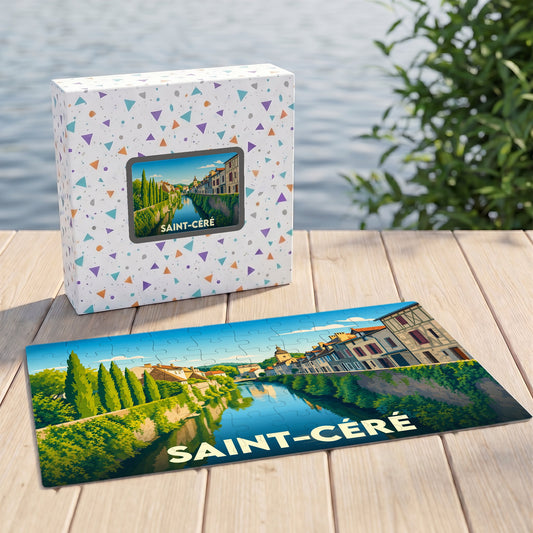 Puzzle souvenir de la ville de Saint-Céré avec une illustration stylisée.