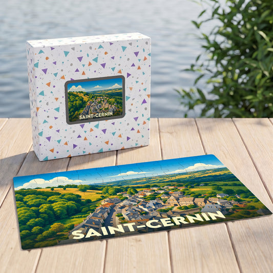 Puzzle souvenir de la ville de Saint-Cernin avec une illustration panoramique stylisée.
