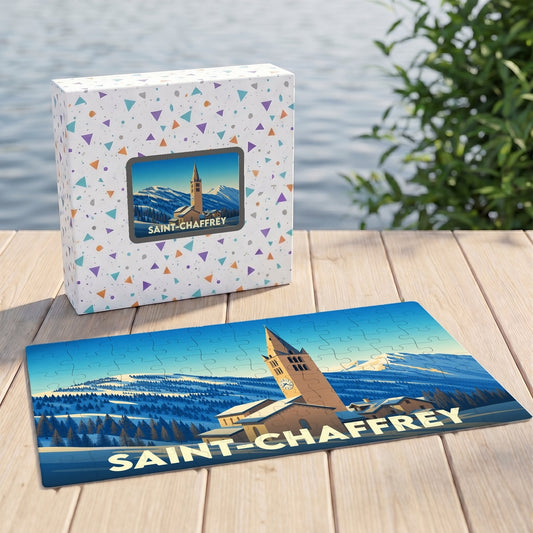 Puzzle souvenir de la ville de Saint-Chaffrey avec une illustration stylisée de style affiche vintage.