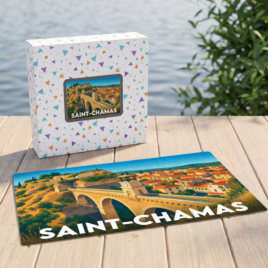 Puzzle souvenir de la ville de Saint-Chamas illustrant son célèbre pont de l'horloge.