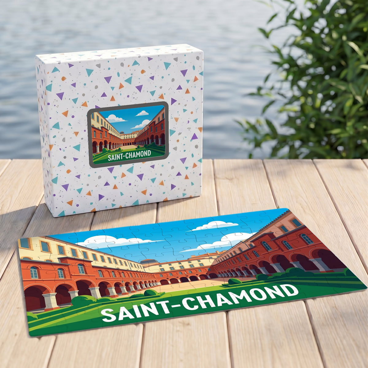 Puzzle souvenir de la ville de Saint-Chamond avec une illustration stylisée de son hôtel de ville et de son cloître.