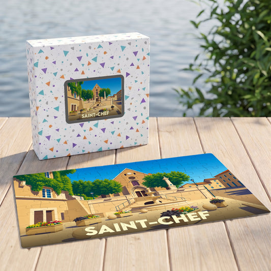 Puzzle souvenir de la ville de Saint-Chef avec une illustration stylisée et colorée.