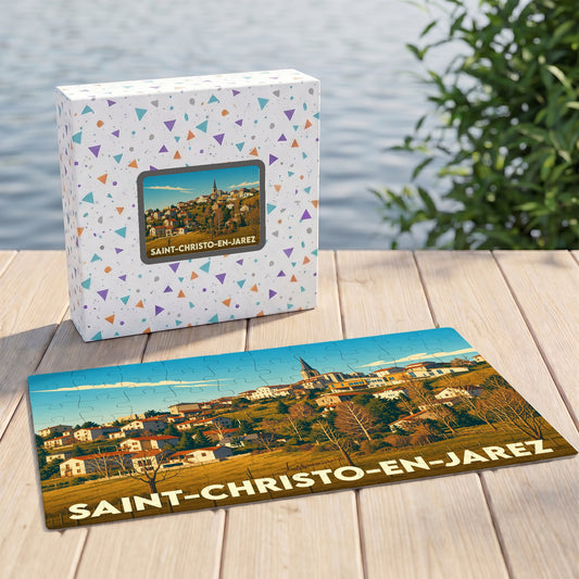 Puzzle souvenir de la ville de Saint-Christo-en-Jarez avec une illustration stylisée.
