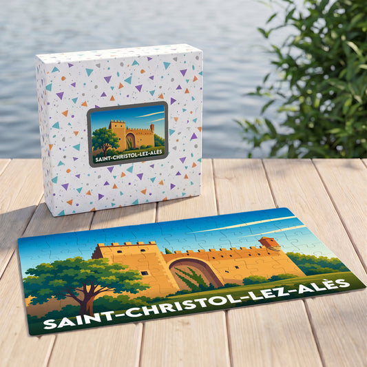 Puzzle souvenir de la ville de Saint-Christol-lez-Alès avec une illustration stylisée de ses remparts.