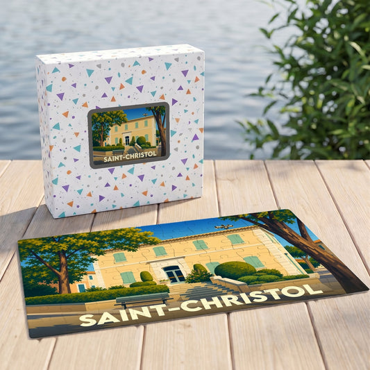 Puzzle souvenir de la ville de Saint-Christol avec une illustration stylisée d'un bâtiment provençal.