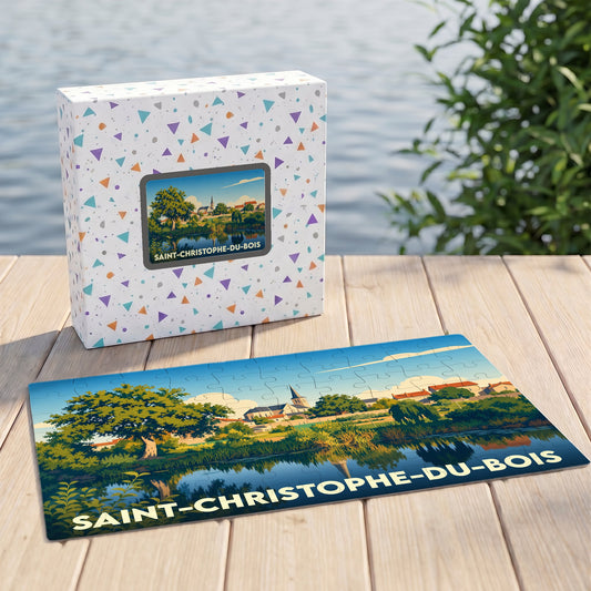 Puzzle souvenir de la ville de Saint-Christophe-du-Bois avec une illustration stylisée de son paysage et de son église.