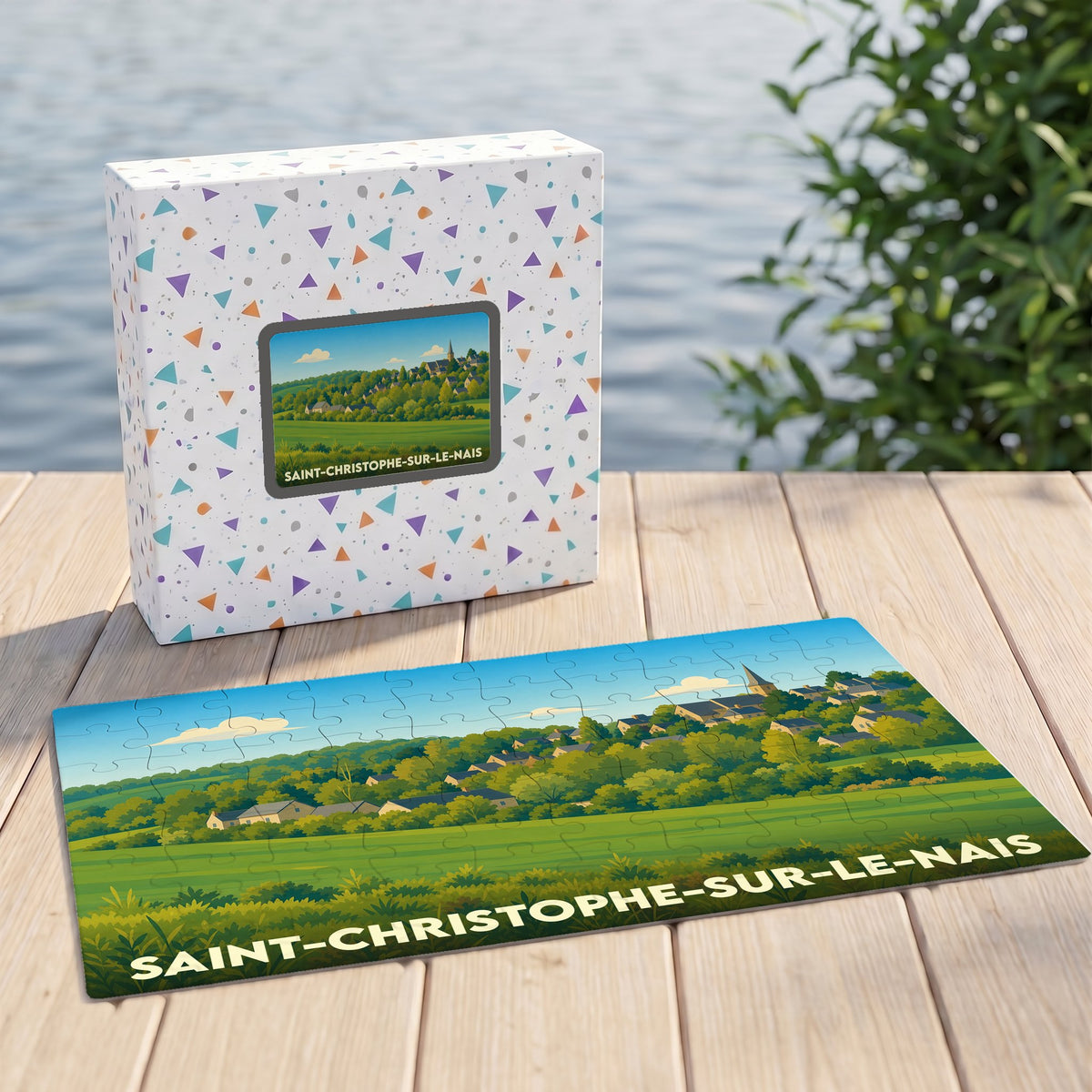 Puzzle souvenir de la ville de Saint-Christophe-sur-le-Nais avec une illustration paysagère stylisée.