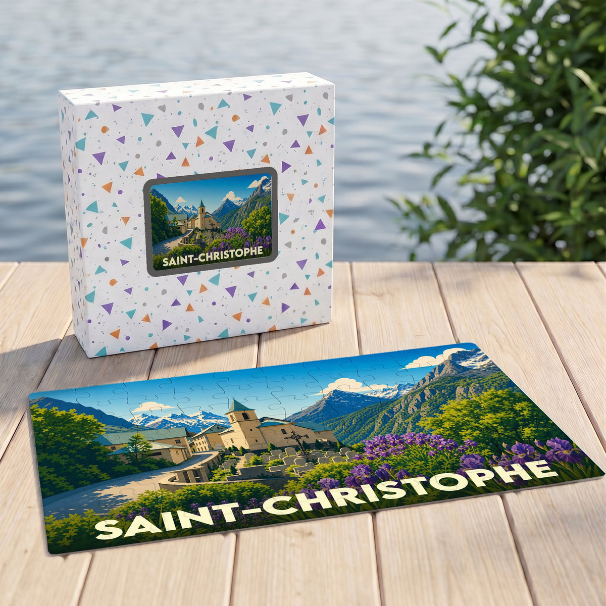 Puzzle souvenir de Saint-Christophe illustrant le village et ses montagnes environnantes.