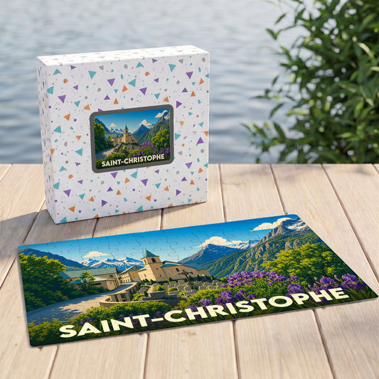 Puzzle souvenir de Saint-Christophe illustrant le village et ses montagnes environnantes.