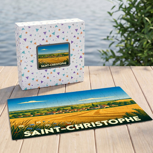 Puzzle souvenir de la ville de Saint-Christophe illustrant un paysage champêtre stylisé.