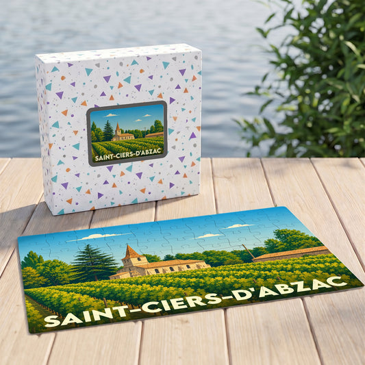 Puzzle souvenir de la ville de Saint-Ciers-d'Abzac avec une illustration stylisée de son église et de ses vignobles.