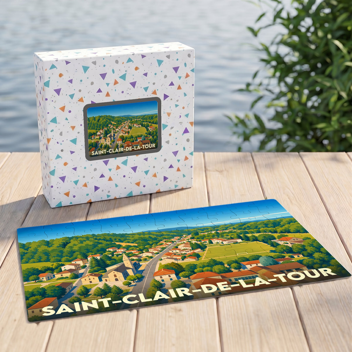 Puzzle souvenir de la ville de Saint-Clair-de-la-Tour avec une illustration stylisée et colorée de ses paysages.