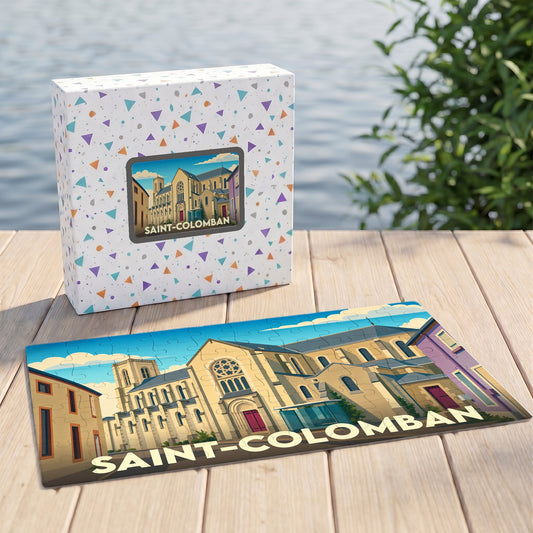 Puzzle souvenir de la ville de Saint-Colomban avec une illustration stylisée d'une église.