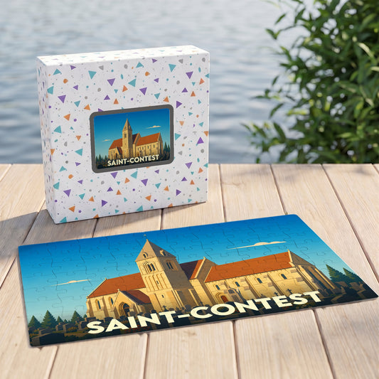 Puzzle souvenir de la ville de Saint-Contest avec une illustration stylisée de son église.