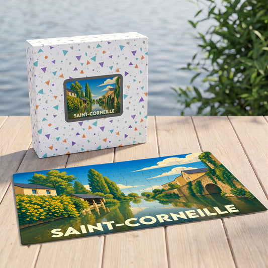 Puzzle souvenir de la ville de Saint-Corneille avec une illustration stylisée d'un paysage fluvial.