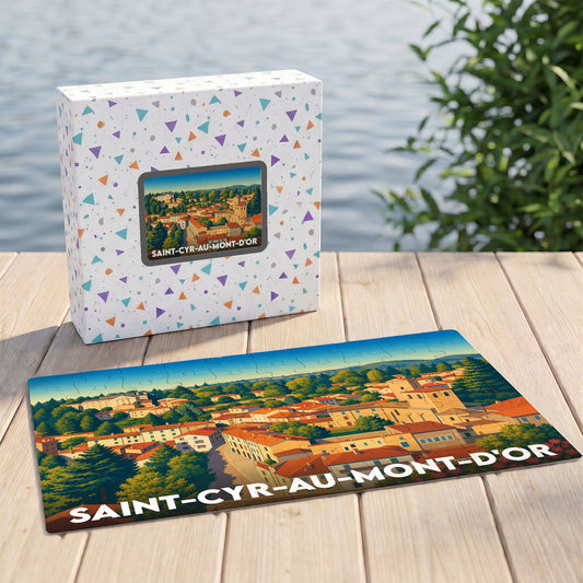 Puzzle souvenir de la ville de Saint-Cyr-au-Mont-d'Or avec une illustration panoramique colorée.
