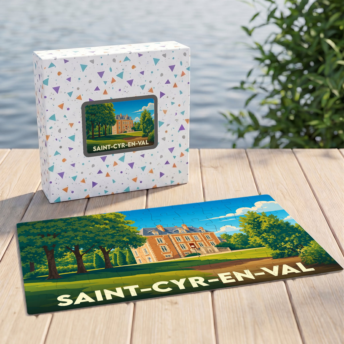 Puzzle souvenir de la ville de Saint-Cyr-en-Val avec une illustration stylisée de son château.
