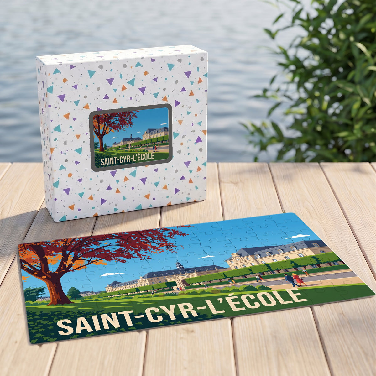 Puzzle souvenir de la ville de Saint-Cyr-l'École avec une illustration stylisée et colorée.
