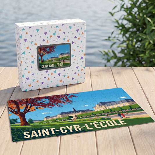 Puzzle souvenir de la ville de Saint-Cyr-l'École avec une illustration stylisée et colorée.