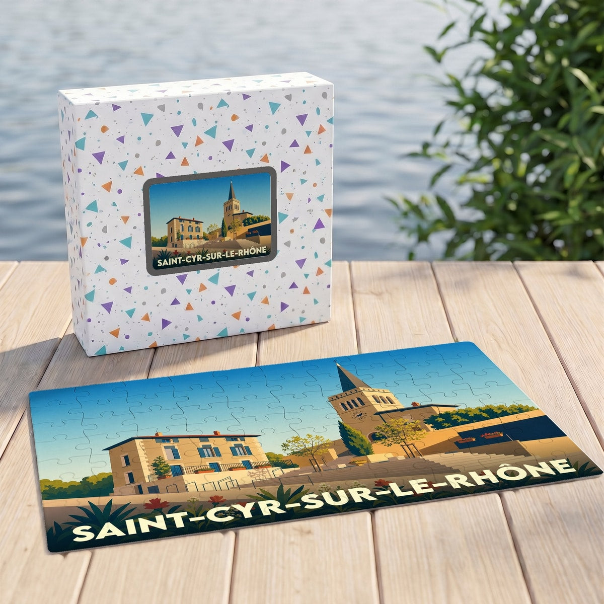 Puzzle souvenir de la ville de Saint-Cyr-sur-le-Rhône présentant une illustration stylisée de son église et de ses bâtiments.