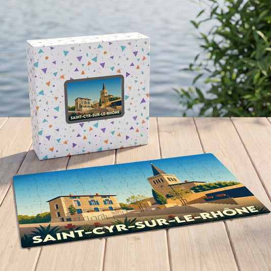 Puzzle souvenir de la ville de Saint-Cyr-sur-le-Rhône présentant une illustration stylisée de son église et de ses bâtiments.
