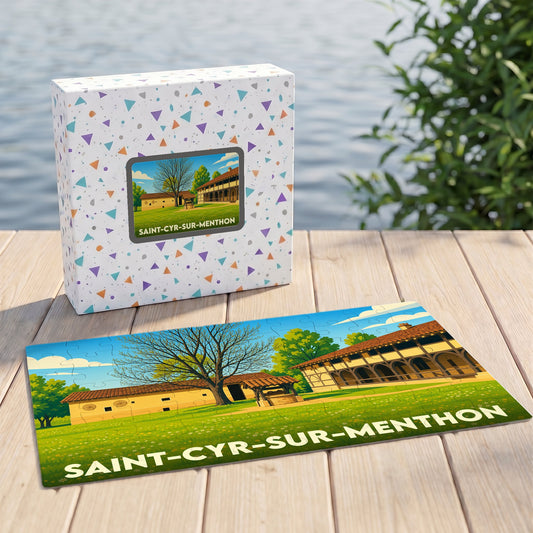 Puzzle souvenir de la ville de Saint-Cyr-sur-Menthon avec une illustration stylisée de ses bâtiments historiques.