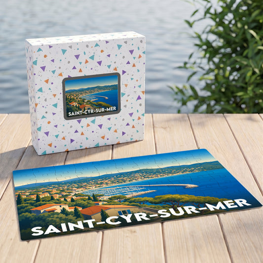 Puzzle souvenir de la ville de Saint-Cyr-sur-Mer avec une illustration stylisée de son littoral.
