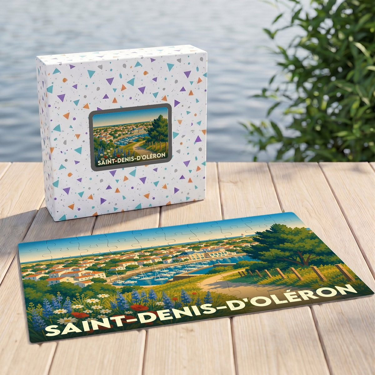 Puzzle souvenir de la ville de Saint-Denis-d'Oléron avec une illustration stylisée de son port et de sa côte.