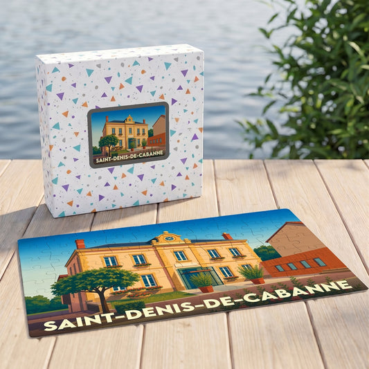Puzzle souvenir de la ville de Saint-Denis-de-Cabanne avec une illustration stylisée de sa mairie.