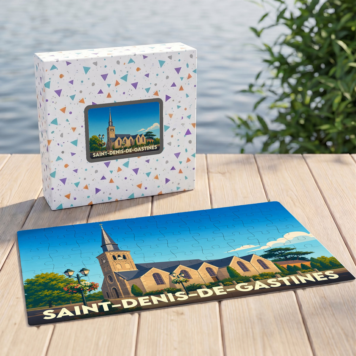 Puzzle souvenir de Saint-Denis-de-Gastines représentant son église dans un style illustration rétro.