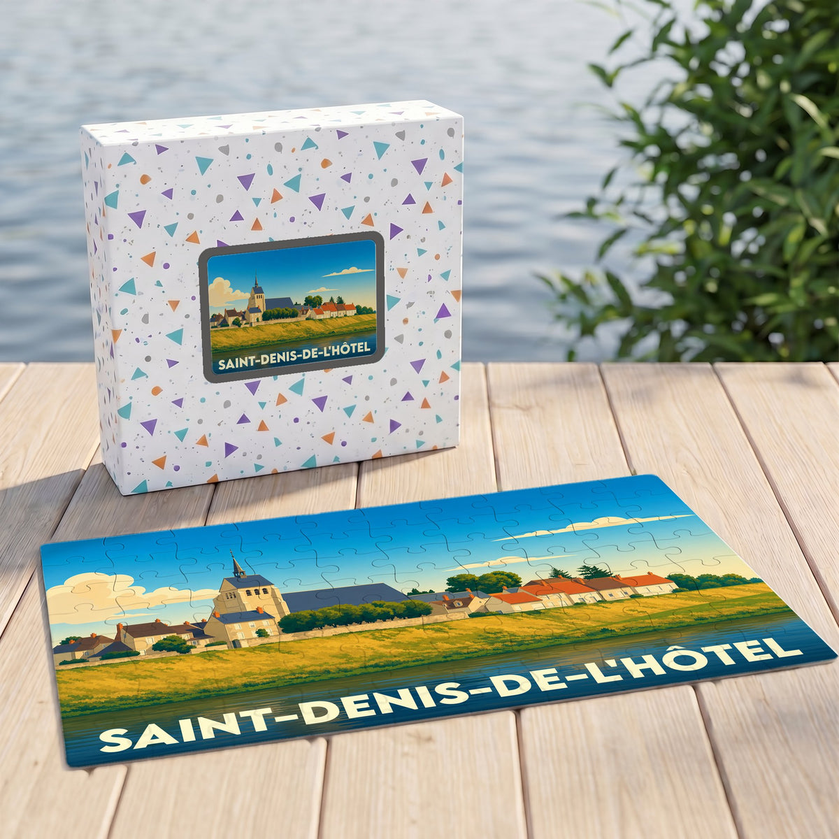 Puzzle souvenir de la ville de Saint-Denis-de-l'Hôtel avec une illustration stylisée de son paysage urbain en bord de Loire.