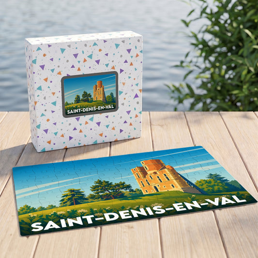 Puzzle souvenir de la ville de Saint-Denis-en-Val avec une illustration stylisée d'un château.