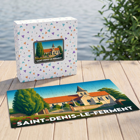 Puzzle souvenir de la ville de Saint-Denis-le-Ferment avec une illustration stylisée de son église.