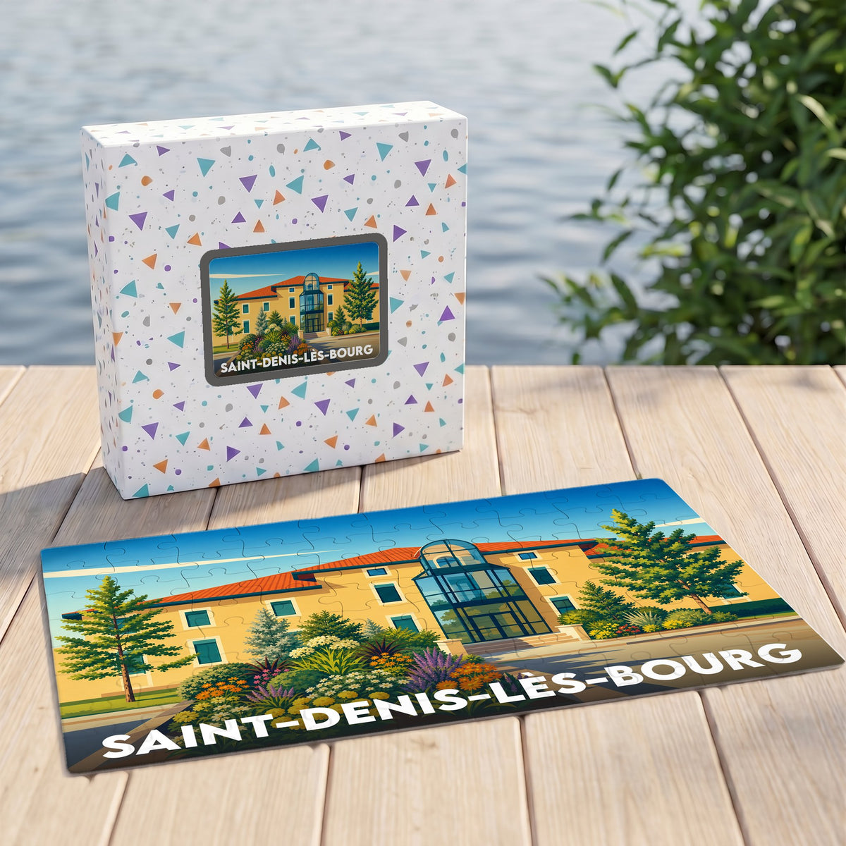 Puzzle souvenir de la ville de Saint-Denis-lès-Bourg avec une illustration stylisée de son architecture.