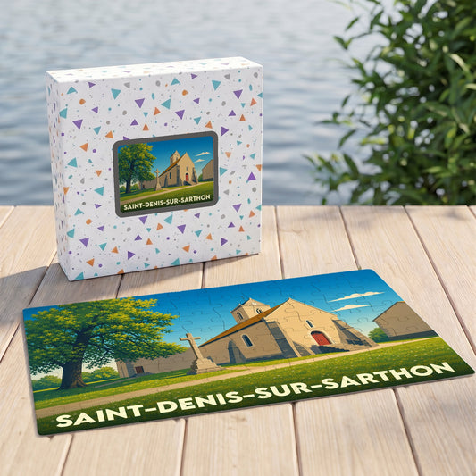 Puzzle souvenir de la ville de Saint-Denis-sur-Sarthon avec une illustration stylisée de son église.