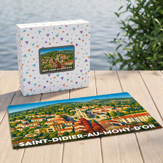 Puzzle souvenir de la ville de Saint-Didier-au-Mont-d'Or avec une illustration stylisée de ses paysages et de son église.