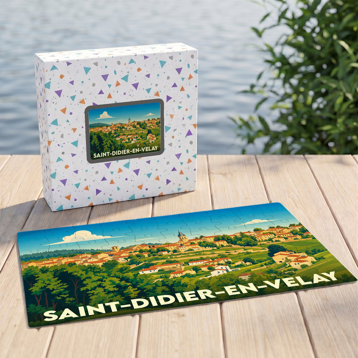 Puzzle souvenir de la ville de Saint-Didier-en-Velay avec une illustration panoramique stylisée.