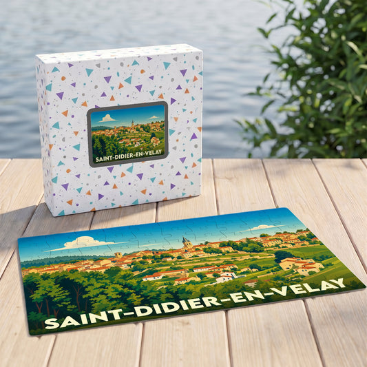 Puzzle souvenir de la ville de Saint-Didier-en-Velay avec une illustration panoramique stylisée.