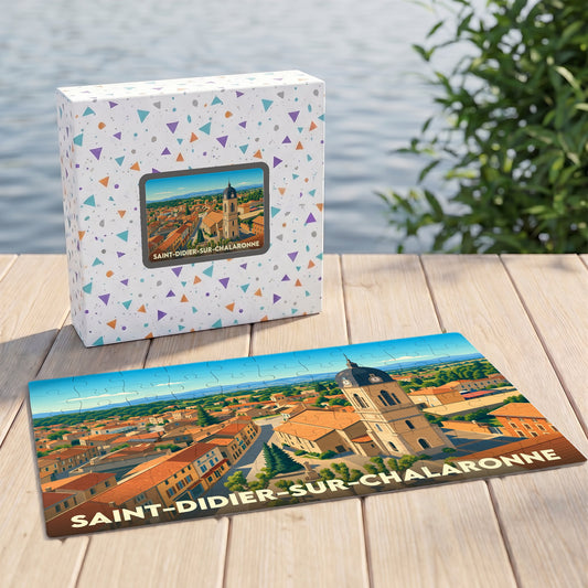 Puzzle souvenir de la ville de Saint-Didier-sur-Chalaronne avec une illustration stylisée et colorée du centre-bourg.