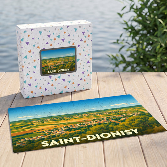 Puzzle souvenir de la ville de Saint-Dionisy avec une illustration stylisée de son paysage.