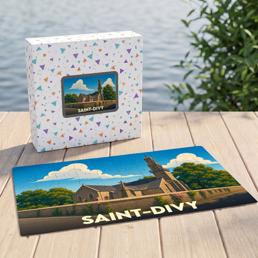 Puzzle souvenir de la ville de Saint-Divy avec une illustration stylisée de son église.