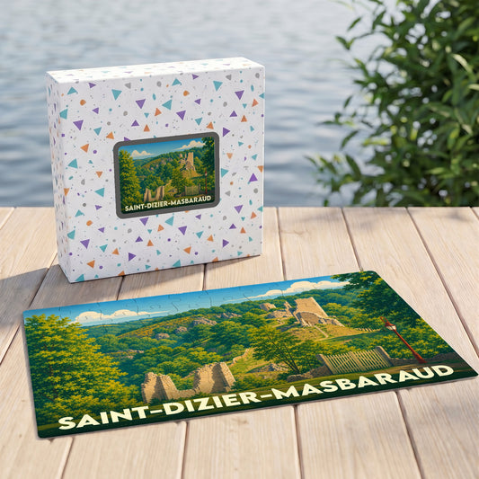 Puzzle souvenir de la ville de Saint-Dizier-Masbaraud avec une illustration stylisée de paysages et de ruines.