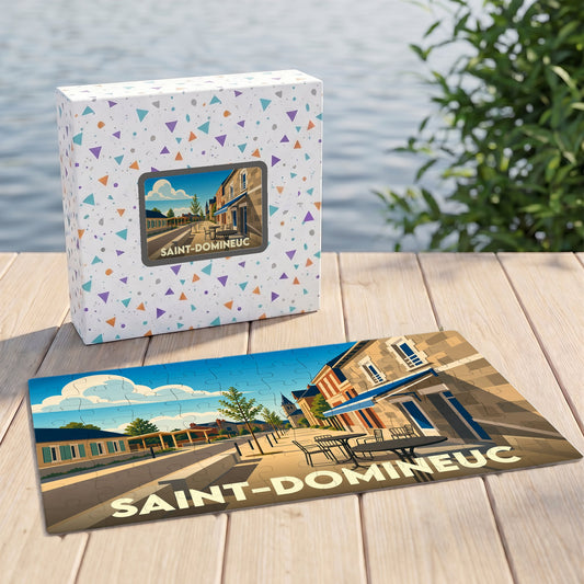 Puzzle souvenir de la ville de Saint-Domineuc avec une illustration stylisée et colorée.