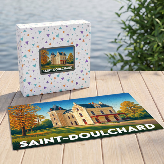 Puzzle souvenir de la ville de Saint-Doulchard présentant une illustration stylisée d'un manoir.