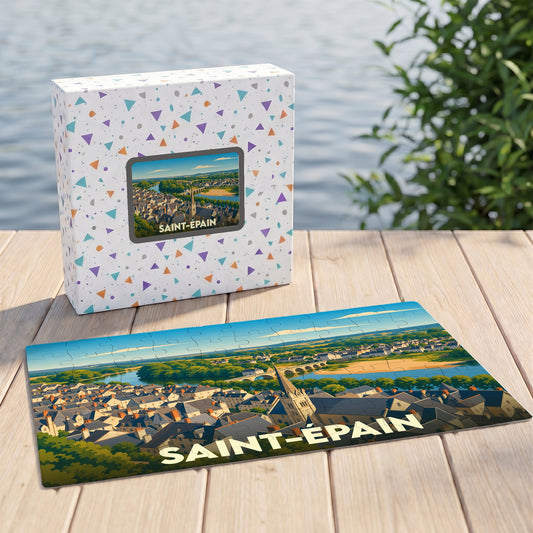 Puzzle souvenir de la ville de Saint-Épain représentant une vue aérienne illustrée du village et de son église.