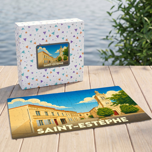 Puzzle souvenir de la ville de Saint-Estèphe avec une illustration colorée et stylisée.
