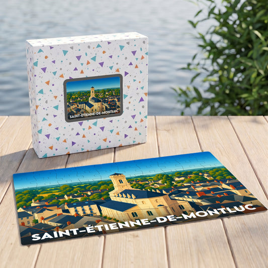 Puzzle souvenir de la ville de Saint-Étienne-de-Montluc avec une illustration stylisée.