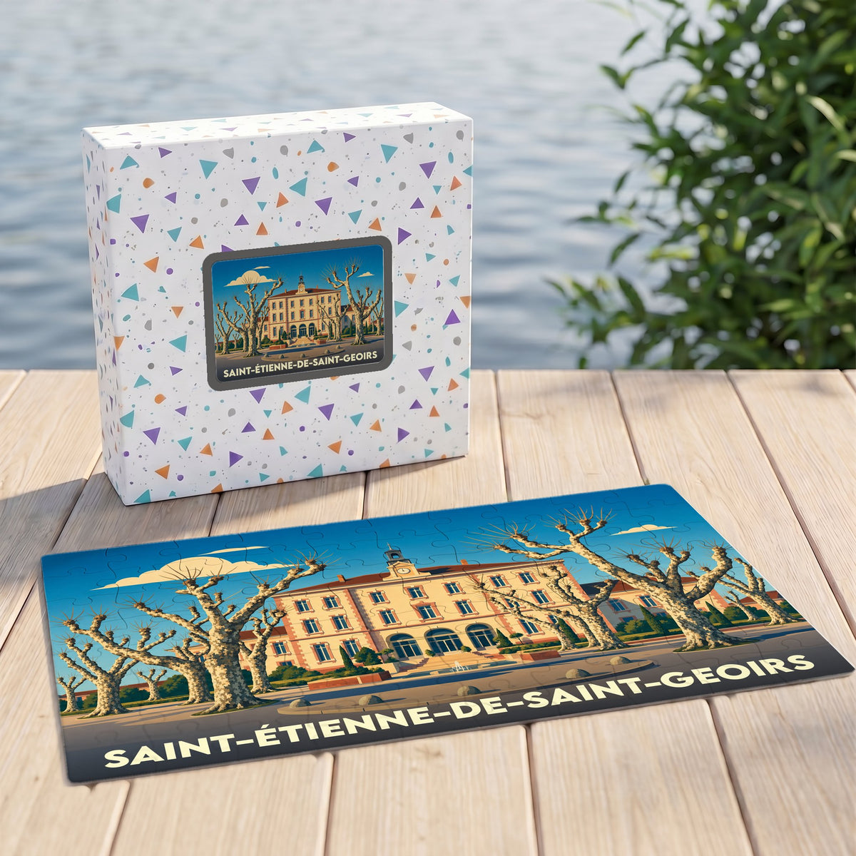 Puzzle souvenir de la ville de Saint-Étienne-de-Saint-Geoirs avec une illustration stylisée de sa mairie.
